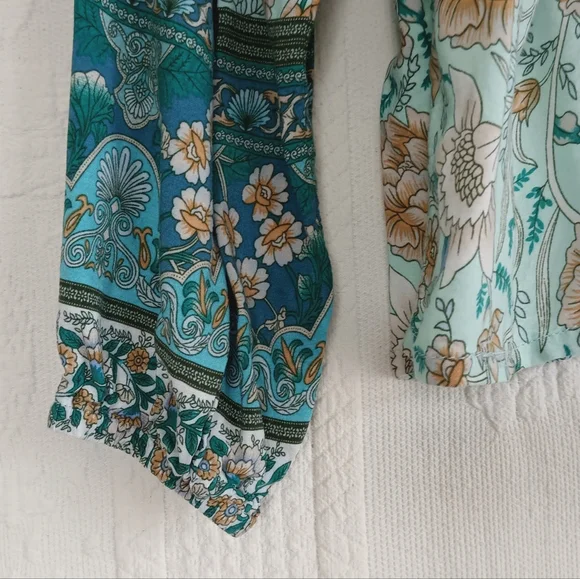 To My Lovers Teal Boho Western Blouse Turquoise Paisley Flowy Hippie Lace Up SM - Picture 5 of 8